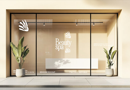 Storefront Window Mockup with Plants and Signage
