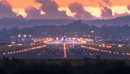 Sunset view of an airplane landing on a runway.