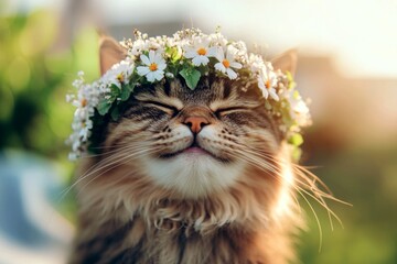 Golden sunrise. Cute adult cat laperm wearing feral flower circlet on its head. Sunny days happiness. Summer memories with a cat. Pet with natureâ€™s beauty. Kitten celebrating summer.