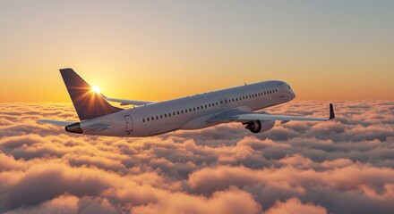 Sunset Flight Airplane Soaring Above the Clouds