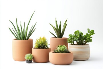 Fototapeta premium Potted succulent plant collection on white background
