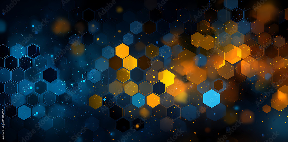 Poster abstract background featuring blue and orange hexagons with glowing light effects on a black isolate