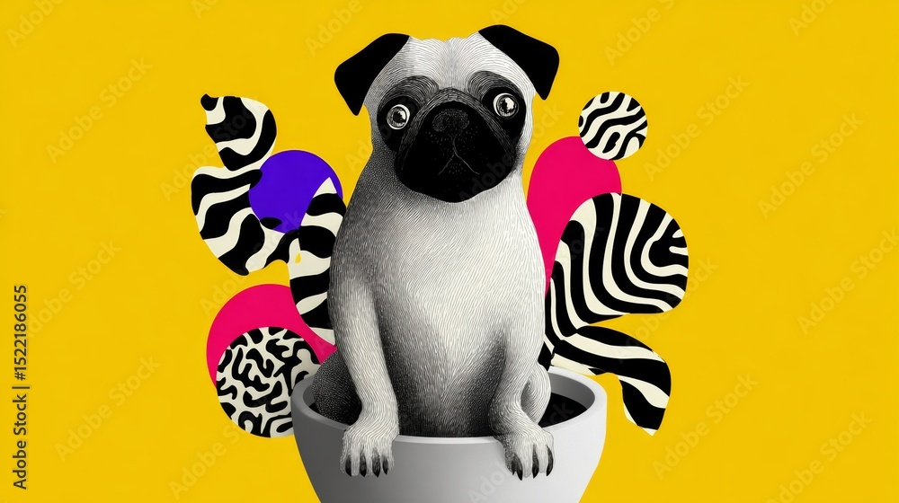 Poster cartoon pug is sitting in a bowl with a colorful background. the bowl is filled with various shapes 