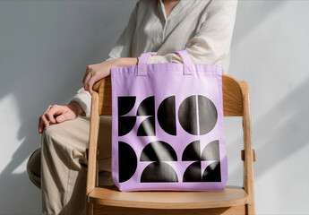Tote Bag Mockup on Wooden Chair with Natural Light