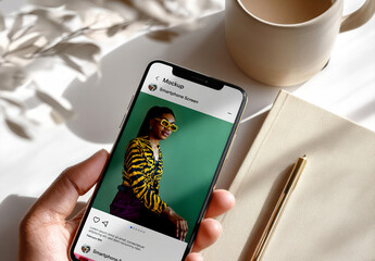 Smartphone Mockup in Hand with Notebook and Coffee