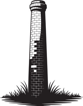 Black and white illustration of a brick chimney tower in grass.