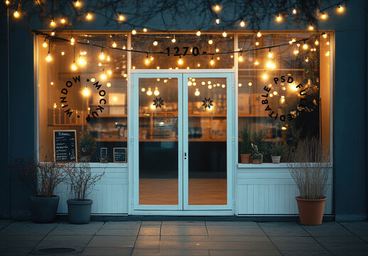 Storefront Window Mockup with Warm Lights and String Bulbs