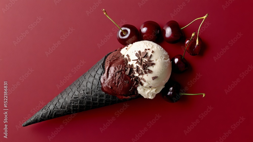 Poster cone of ice cream with chocolate sauce and cherries on top. the image has a warm and inviting mood, 
