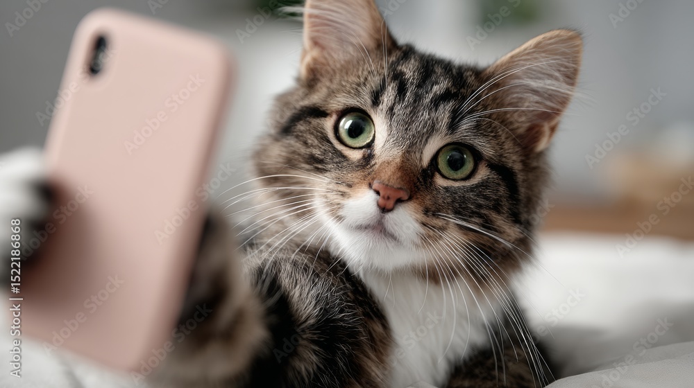 Poster cat is taking a selfie with a pink phone case. the cat is looking directly at the camera and he is e