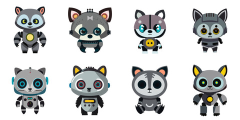 Obraz premium Multiple vector illustrations cute raccoon dog robot