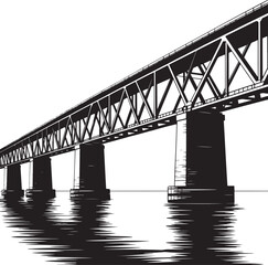 Obraz premium Black and white illustration of a long steel truss bridge over water.