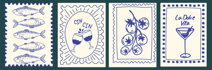 Vintage Italian travel print set with grunge postcard stamps. Retro summer wall art featuring Amalfi, Sicilia, lemons, and elegant engraving frame elements. Perfect for poster, placard, or background 