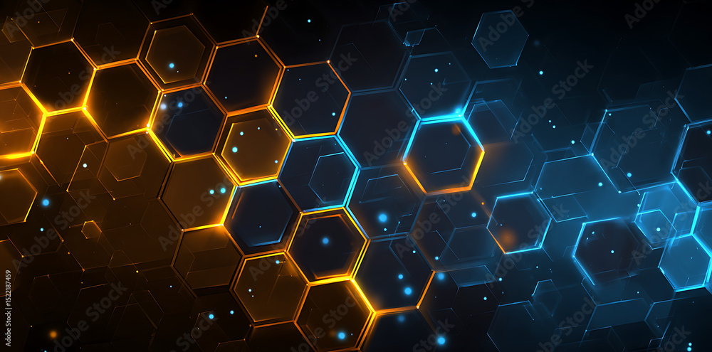 Poster abstract background featuring blue and orange hexagons with glowing light effects on a black isolate