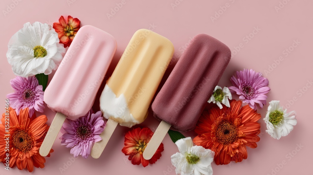 Poster three different colored ice cream pops are displayed on a table with a bunch of flowers. the pops ar