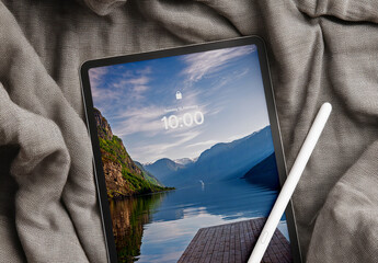 Tablet Device Mockup on Linen Fabric with Stylus Pen