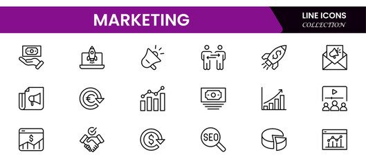 Dynamic vector web line icons illustrating sales, marketing, advertising, promotions, funnels, and strategies for business growth and engagement.