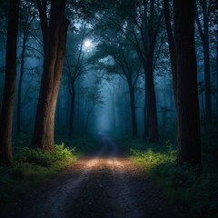 Naklejka premium Misty Forest Path in Moonlight