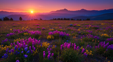 Obraz premium Majestic Sunrise Illuminates Vibrant Wildflower Meadow Mountain Landscape Breathtaking Scenery Golden Hour Photography Nature Photography