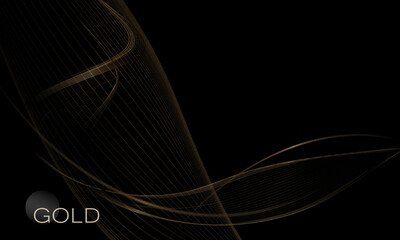 Isolated design element, golden exquisite shiny wavy figure on black background.