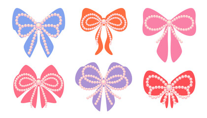 Colorful bowknot collection. Coquette bow with ribbon and beads set.