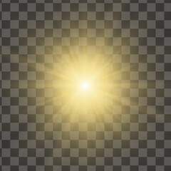 Glow light yellow star on transparent background. Vector bright flash