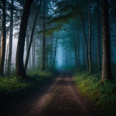 Naklejka premium Misty Forest Path in Moonlight