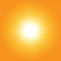 Sun in sky vector realistic background. Summer illustration with orange coastline sky and sunlight