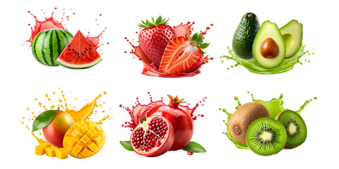 Watermelon, Strawberry, Avocado, Mango, Pomegranate, and Kiwi with Juice Splash Isolated on White Transparent Background