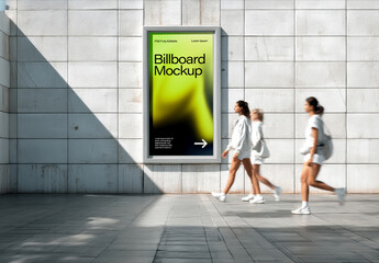 Urban Billboard Mockup on Concrete Wall with Group of Women Walking