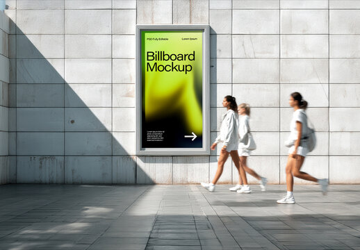 Urban Billboard Mockup on Concrete Wall with Group of Women Walking