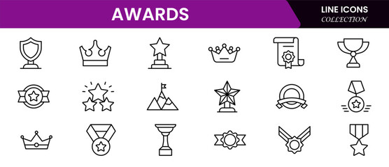 Elegant vector web line icons showcasing awards, trophies, recognition, achievement, and celebratory moments of excellence and success.