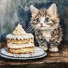 A curious kitten gazes at a delectable slice of cake on a plate. feline mischief concept