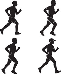 Person jogging in flat black silhouette vector design illustration set of athletic running character poses bundle
