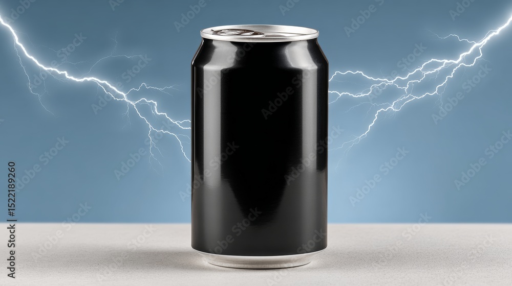 Poster can of soda is sitting on a table with a storm in the background. the storm is depicted with lightni