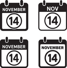 Calendar icons set with November 14 date in flat black silhouette vector design illustration bundle
