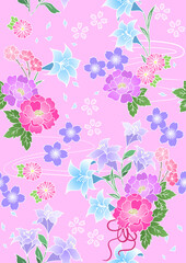 爽やかな薄紫色の和柄シームレスベクターデータ 百合と牡丹 桜 浴衣	