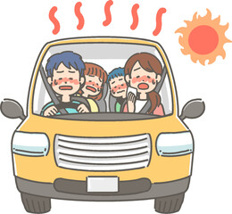 猛暑にドライブする家族／ファミリーのベクターイラスト
