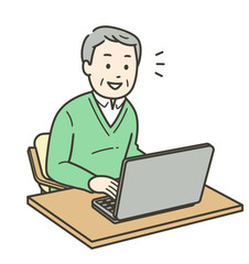ノートパソコンを笑顔で操作する高齢男性の上半身イラスト