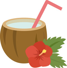 Cute Coconut Drink with Hibiscus Flower Illustration
