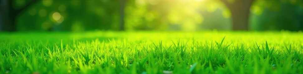A vibrant green lawn, freshly cut and glistening with morning dew, sunlight illuminating its lush texture  Perfect for summer, nature, or outdoor themes ,  green,  nature