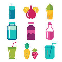 Colorful flat vector illustration of fruit drinks and bottles