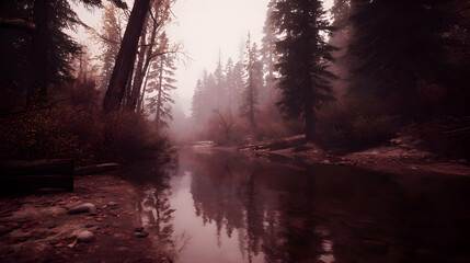 Obraz premium lake surrounded by shifting AI-generated scenery and luminous particles