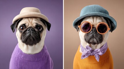 Fototapeta premium Two pugs wearing sunglasses and hats, one wearing a purple sweater and the other wearing an orange sweater