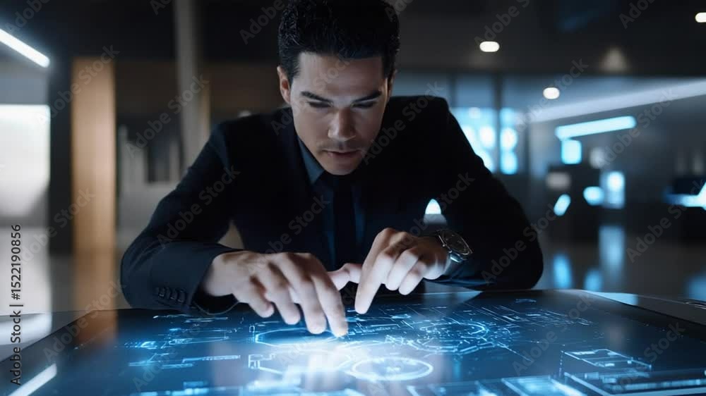 Poster young executive navigating complex data on interactive touchscreen display in futuristic office