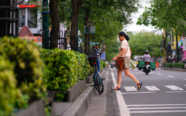 Naklejka premium A woman wears casual clothes, sandals, and carries a hat and brown bag, walking across a city street at a crosswalk. Trees, cars, and shops fill the background