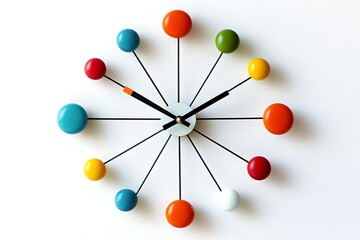 Overhead View of a MidCentury Modern Ball Clock with Colorful Spheres on White