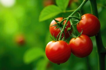 Close-up of ripe red tomatoes growing on the vine, lush green leaves in the background  Perfect for healthy eating, farm-to-table, and gardening themes ,  leaves,  lycopersicon esculentum,  botany