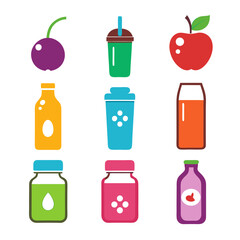 Cartoon fruit juice and smoothie beverages icon arrangement