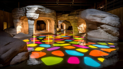 cavern filled with glowing stones and floating translucent patterns