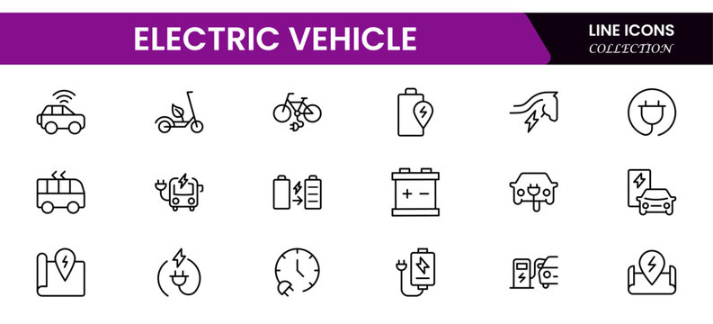 Sleek vector web line icons showcasing electric vehicles, charging stations, eco-friendly transport, and sustainable automotive innovation.